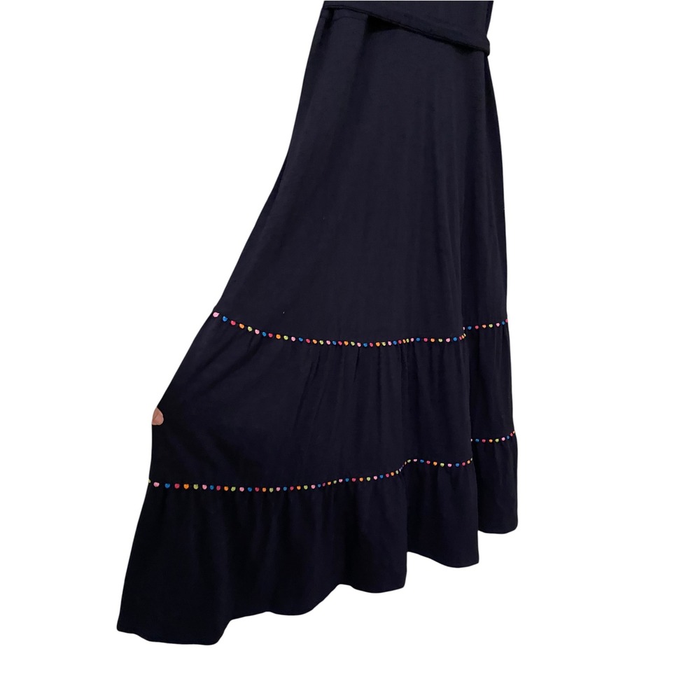 Boden Tara Tiered Midi Dress US 8 Pom Trim 100% Cotton Navy Blue - Picture 13 of 15